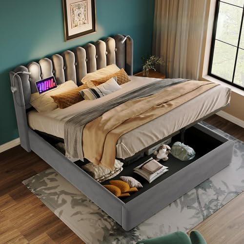 Fasba Cama con cabecera de Terciopelo Gris y luz de Lectura integrada, diseño práctico y Almacenamiento Oculto Modelo FCLYD-AB20293536G