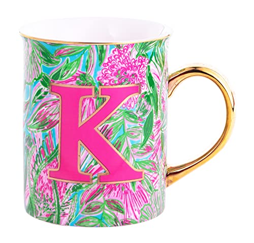 Lilly-Pulitzer-Initial-Ceramic-Coffee-Mug-14-Oz-Tea-Cup-Cute-Mug-with-Gold-Handle-and-Gift-Box-K-Coming-In-Hot
