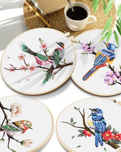 Image of TINDTOP Embroidery Kit for Adults, Flowers and Bird Embroidery Practice Kits for Beginners Adults Include Embroidery Cloth Hoops Threads for Craft Lover Hand Stitch