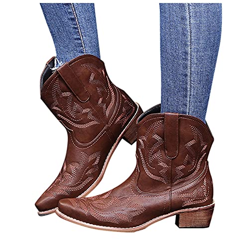 Cowboy Boots For Women 2025 Pointed Toe Wide Calf Western Flower Embroidered Chunky Heel Mid Calf Ankle Boots Retro Leather Western Cowboy Knee High Booties4