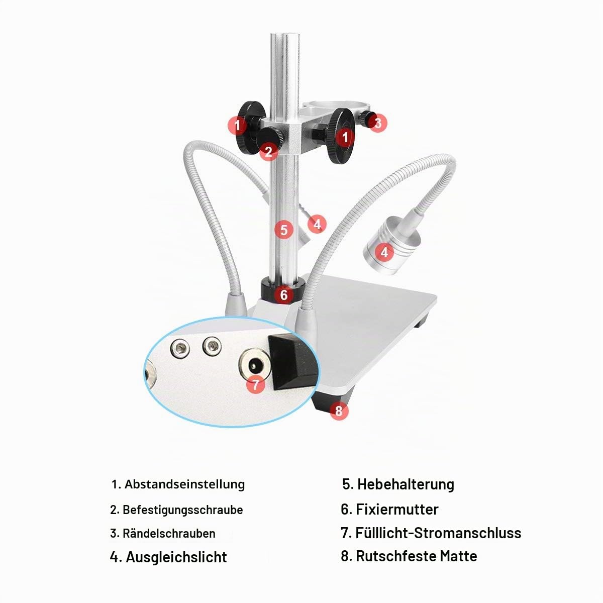 Jiusion Ständer mit 2 Lampen aus Aluminiumlegierung, universell verstellbar, professioneller Standhalter, Tischhalterung für max. 3,5cm Durchmesser USB-Digital-Mikroskop-Lupe, Lupe Kamera