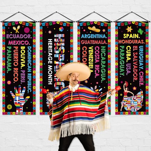 Image of Panelee 4 Pcs Hispanic Heritage Month Decorations National Hispanic Heritage Month Banner Latin American Porch Signs Spanish Classroom Decor for Classroom Home Wall Indoor Outdoor Hanging Backdrop