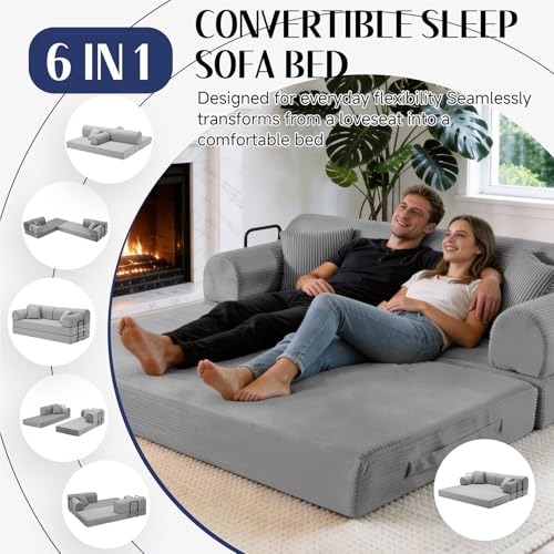 Image of 79'' Convertible Sofa Bed, 6 in 1 Folding Floor Futon Couch Sleeper with Fixed Frame, Corduroy Modular Sofa Bed with Removable Armrests & Pillows, No Assembly for Living Room Bedroom (Light Gray)