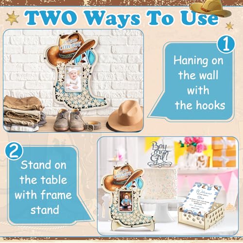 Image of Wenqik 63 Pcs Cowboy Boot Baby Shower Guest Book Alternatives Set Baby Shower Decorations with Photo Frame Sonogram Frame Keepsake 60 Wood Slices Guest Book for Birthday