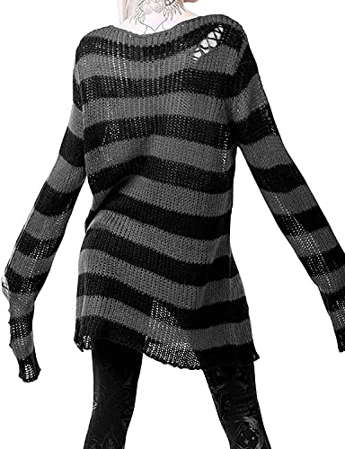 Women's See Through Hole Ripped Striped Long Knit Pullover Dress Sweaters Shirt3