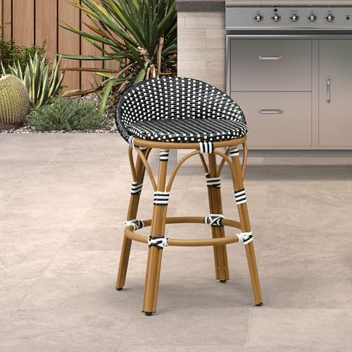 Image of PURPLE LEAF Patio Oversized Backrest Counter Height Stool Set of 1 Outdoor Round Barstools Aluminum Frame in Bamboo Finish Woven Rattan for Indoor Kitchen Dining Bistros Cafe Restaurant Black
