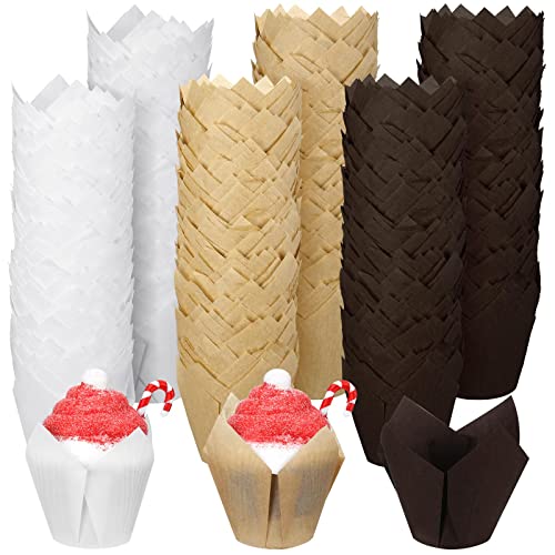 Funtery 600 Pcs Mini Size Tulip Cupcake Liners Mini Baking Cups Non Stick Baking Cups Grease Resistant Muffin Paper Liners Cupcake Wrappers for Wedding Birthday Party(White, Brown, Beige)