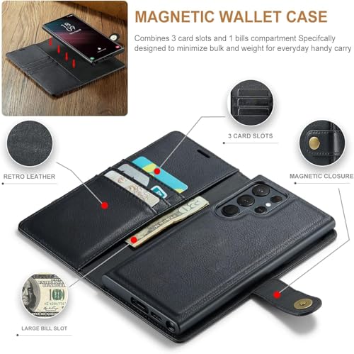 Image of Scalebee BackCover for Samsung Galaxy S23 Ultra Magnetic Detachable 2 in 1 Split Leather Wallet Phone Cover,Genuine Leather Wallet Case,Magnetic Pouch Shell (Black)