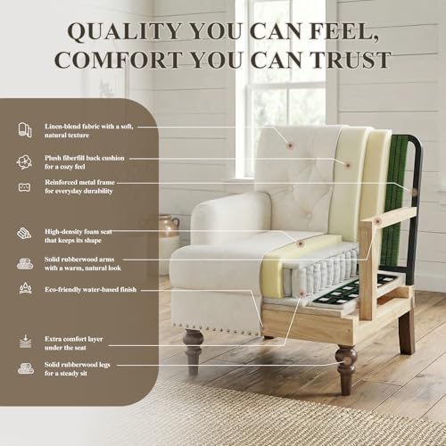 Image of MALOL Upholstered Accent Chair, Mid Century Modern Living Room Bedroom Reading Chair with Thick Cushion & Solid Rubberwood Legs, Comfy Armchair for Small Spaces, Beige