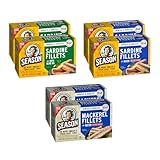 Season Sardines & Mackerel Variety Pack - Wild Caught, Keto, Kosher, Sardines in Olive Oil, Sardines in Water (No Salt Added), Skinless & Boneless Mackerel in Water (No Salt Added) - 2 of Each, 6-Pack