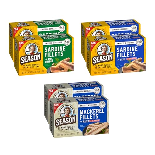 Image of Season Sardines & Mackerel Variety Pack Wild Caught, 2 of Each, 6-Pack | Keto, Kosher, Sardines in Olive Oil, in Water (No Salt Added), Skinless & Boneless Mackerel
