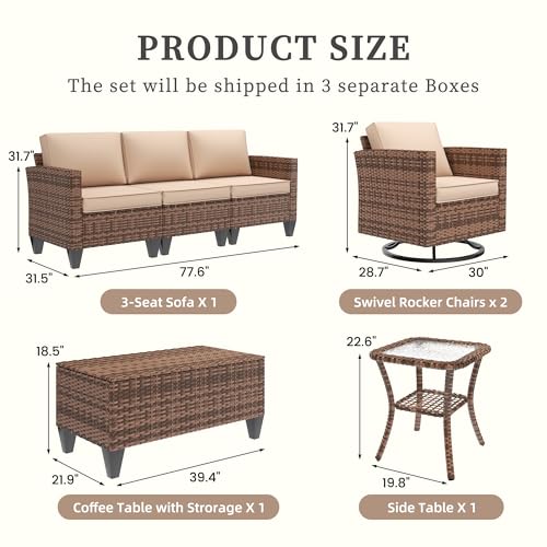 Image of UDPATIO Patio Furniture Set, 5 Pieces Outdoor Conversation Sets with Rocking Swivel Chairs, Wicker Rattan Outdoor Sofa Set with Storage Table and Waterproof Covers for Backyard, Deck, Porch, Khaki