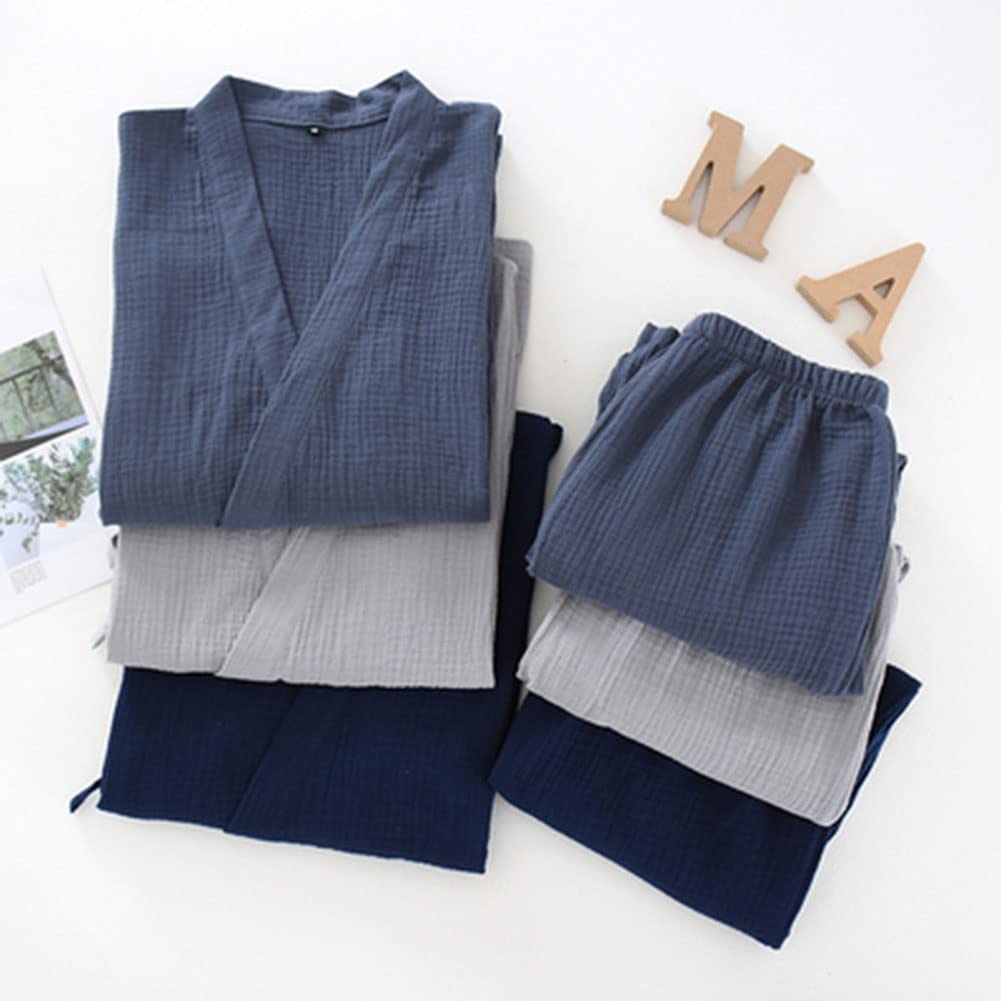Kimono de estilo japonés para hombre, cómodo pijama de gasa de algodón, camisón transpirable de buen gusto, traje de vapor acogedor para la casa, pijamas XL (azul marino), Azul marino, X-Large