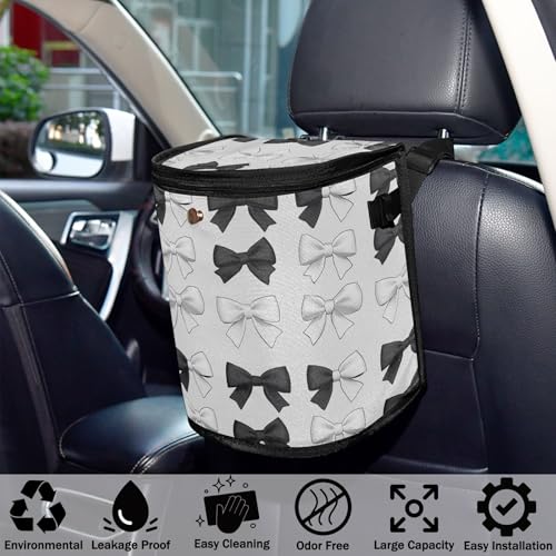 Image of Car Trash Can Black White Bows Car Garbage Bag with Lid Hanging Waterproof Leak Proof Vehicle Storage Bin