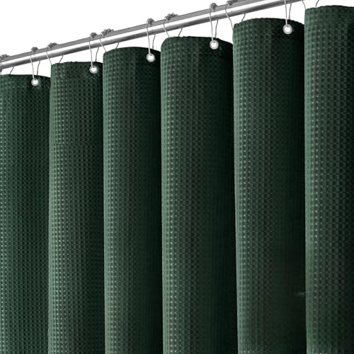 Dynamene Dark Green Fabric Shower Curtain - Waffle Weave Textured Heavy Duty Cloth Shower Curtains for Bathroom 256GSM Hotel Luxury Weighted Bath Curtain Set with 12 Hooks 72x72 Dark Green