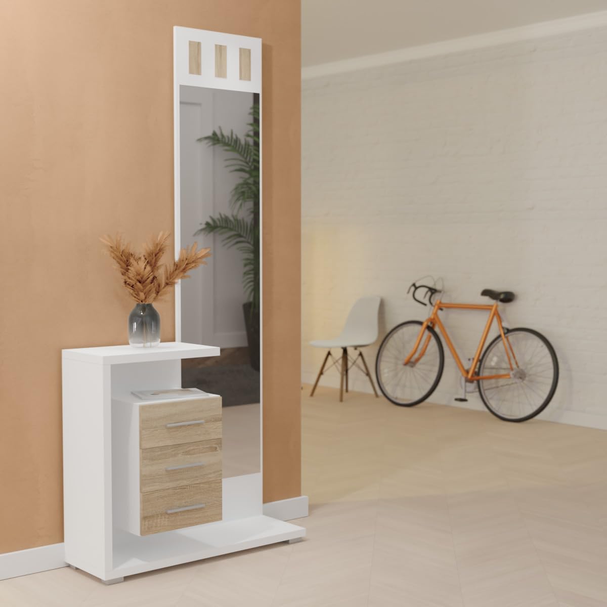 amuéblate online - Mueble Recibidor Vertical, Modelo Dara, Práctico y Funcional, Color Blanco y Cambria, Medidas: 85 cm Largo x 28 cm Fondo x 190 cm Alto