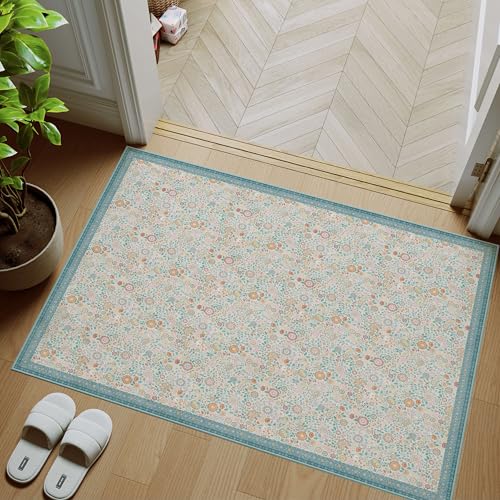 Tapete floral 2x3 azul lavable anti-deslizante