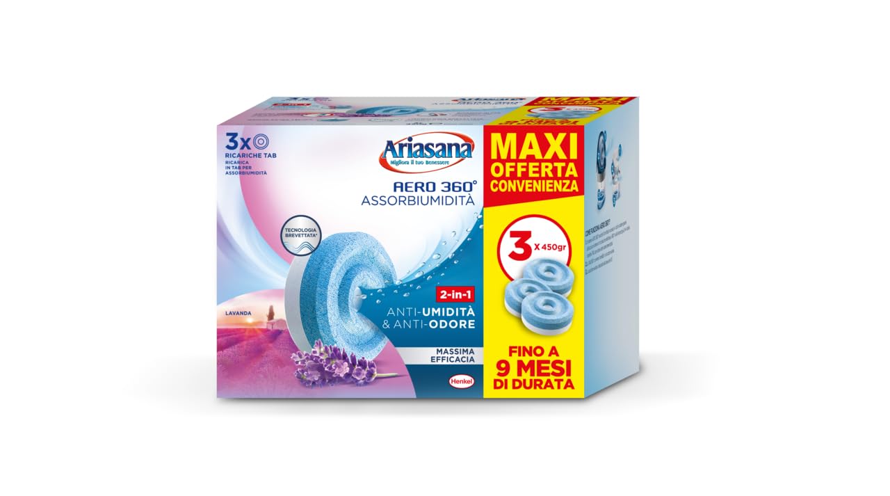 Ariasana Tripack Lavanda, Ariasana Aero 360° Ricarica per Dispositivi con Capacità ≥ 450g, Tab Profumate Assorbi Umidità, Ricarica Tab contro i Cattivi Odori, 1 Confezione da 3 Tab da 450g