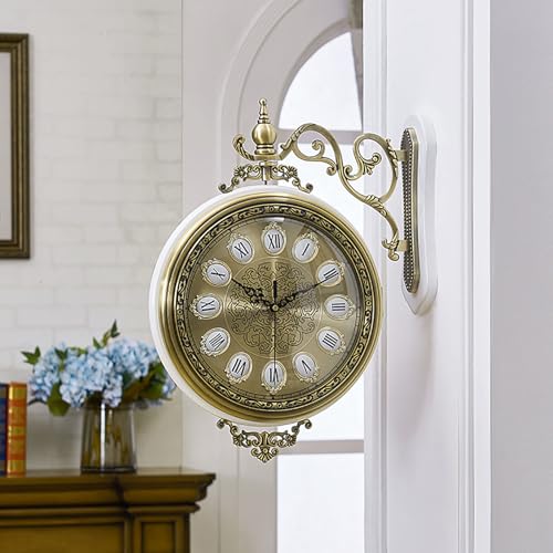Orologio da parete bifacciale retrò, orologio da parete bifacciale in stile europeo con movimento silenzioso, decorazione artistica da parete per la casa, giardino, ufficio, patio, veranda (oro bianco