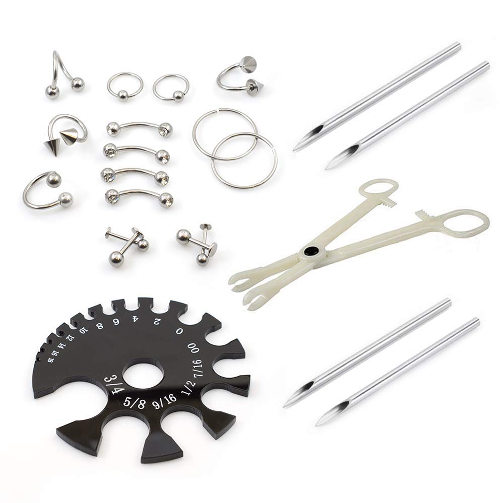Piercing Kit 22 Pieces Include Jewelry Forcep Needles and Gauge Measurement Tool