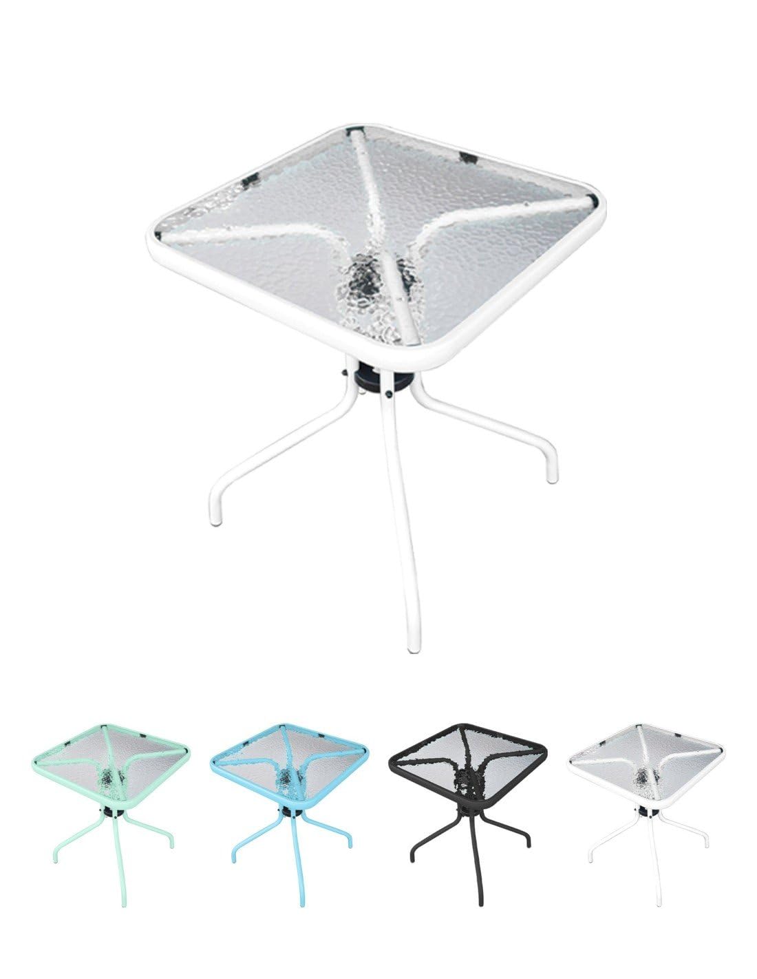 Jardin202 - Mesa de Cristal 60x60x70 cm Cuadrada con Base Metálica Resistente - Ideal para Terraza, Jardín o Balcón | (Blanco)