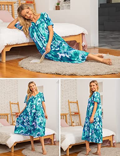Image of Bloggerlove Mumu House Dress for Women with Pockets Short Sleeve Nightgowns | 15% Cotton, 80% Polyester, 5% Spandex, Floral Mumu House Dress, V-Neck, Short Sleeves, Midi Length, 2 Side Pockets, Lounging