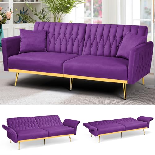 ACMEASE 70” Velvet Futon Sofa Bed with 2 Pillows and Adjustable Armrests, Convertible Sleeper Bed W/Adjustable Backrests, Modern Loveseat for Living Room, Bedroom, Purpel