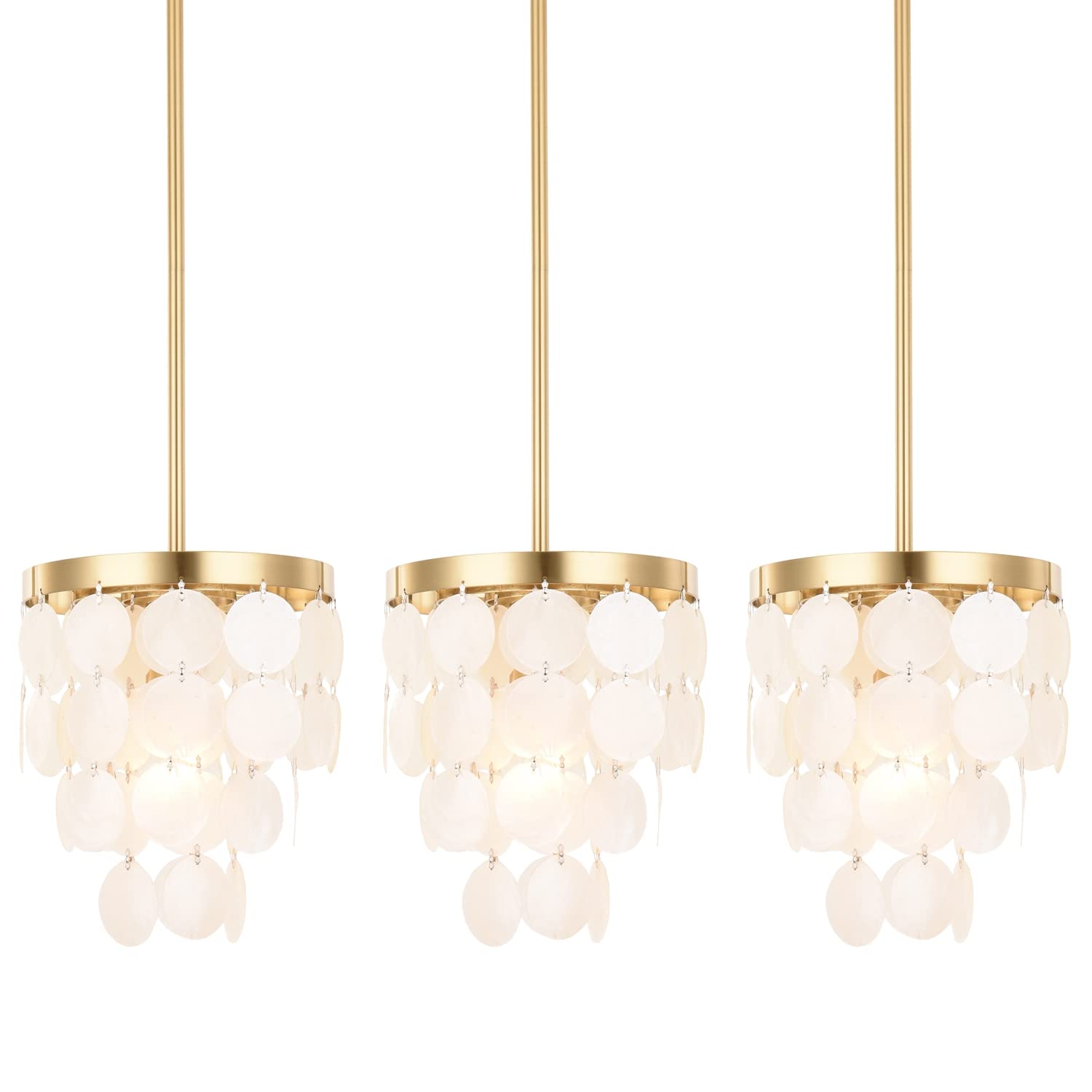 ALICE HOUSE 3 Pack Mini Pendant Lights for Kitchen Island, Capiz Shell Coastal Hanging Lamps, Brushed Brass Modern Pendant Lighting for Dining Room AL2608-P3