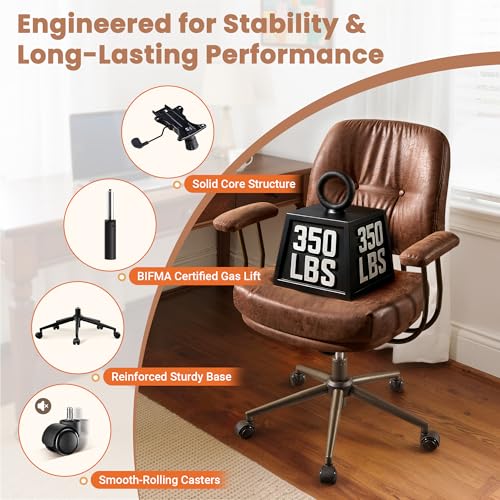Image of Brown Leather Home Office Chair, Mid Back Ergonomic Desk Chair with Lumbar Support, Mid Century Modern Deep Seat Swivel Rocking Computer Chair, Dark Brown Suede