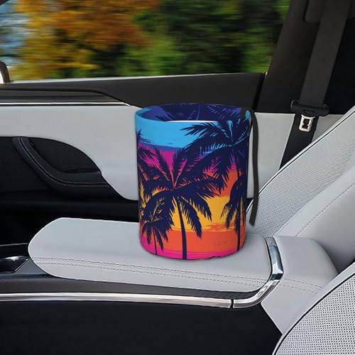Image of Car Garbage Bag Blue Palm Trees at Sunset Mini Car Trash Bin Portable Collapsible Waterproof Rubbish Bag for Car Accessories Back Front Seat Cup Holder