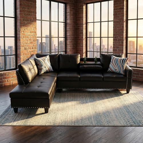 Image of L-Shaped Sectional Sofa, Modern 4-Seat Couch with Built-in Cup Holders, Leather Sectional Couch with Left Facing Chaise for Living Room, Apartment, Office, Black