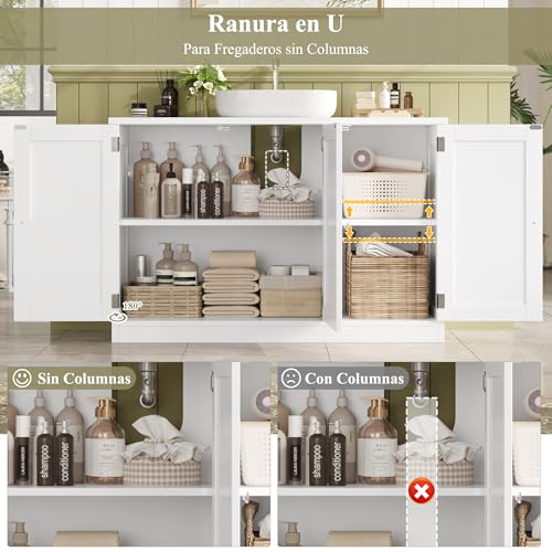 Miniatura 7 de Forehill 90cm Mueble Bajo Lavabo, Mueble Baño, Mueble Lavabo Con Pie, Con 3 Puertas, 2 Cajones, Blanco, 90x30x61.8 Cm