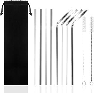 Reusable Straws Stainless Metal Straws Steel Straws with Bent Straight Straws Cleaning Brushes 10.5inch - Extra Long for 30oz and 20oz Tumbler