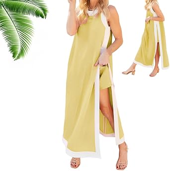 Womens 2 Piece Sets Casual Boho Color Block Sleeveless Side Split Long Dresses Maxi Dress Matching Shorts