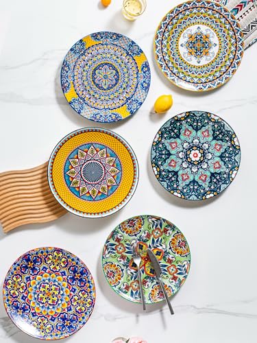 HENXFEN LEAD Dinner Plates Set of 6-10.5 Inch Large Ceramic Plates, Colorful Serving Dishes for Kitchen & Restaurant, Dishware, Microwave & Oven safe - Bohemian Style