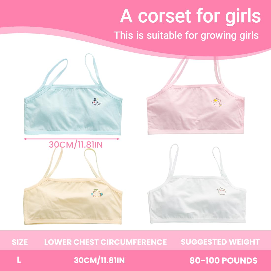 IKOPFLN Confezione da 4 corsetti per reggiseni sportivi per ragazze Senza Cuciture per Ragazze Cotone Adolescenti Bambine Sportivo