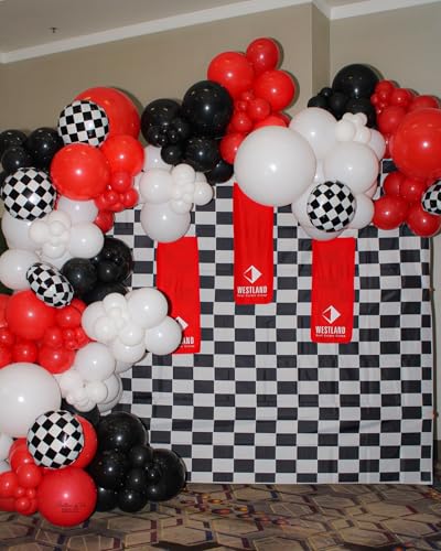 Image of 153Pcs Race Car Balloon Garland Arch Kit - Red and Black White Checkered Balloon Arch Kit 18 10 5 Inch Different Size Balloons for Racing Car Two Fast 2nd Theme Birthday Party Decorations