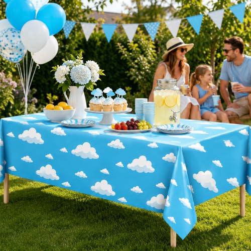 Image of 4 Pack Blue Sky Cloud Plastic Tablecloths, 54 x 108 in, Disposable Covers