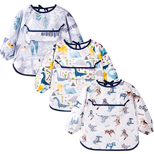 3 Pieces Baby Bibs with Sleeves for Weaning Waterproof Feeding Bibs Animal Printed Dribble Apron Bibs for Infant Toddler 6 Months to 2 Years Old Blue