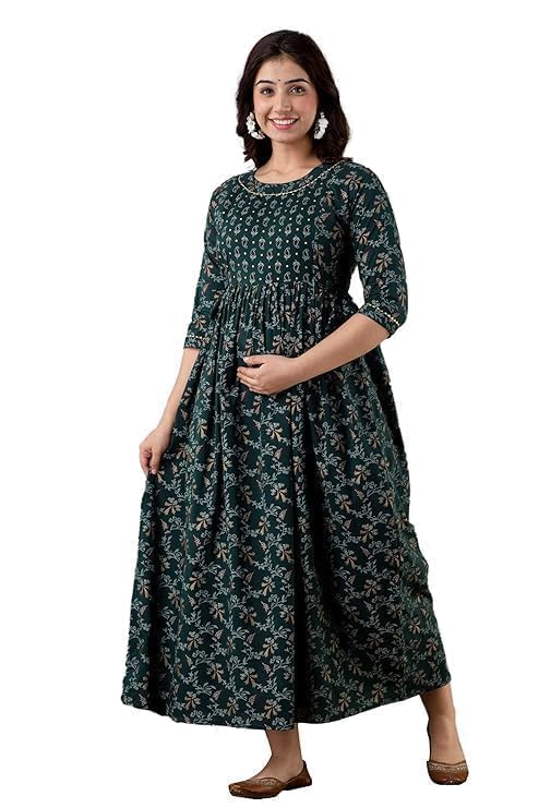 Anuom Women's Cotton Floral Printed Maternity Feeding Kurti with Zipper Maternity Gown for Women - Image 3