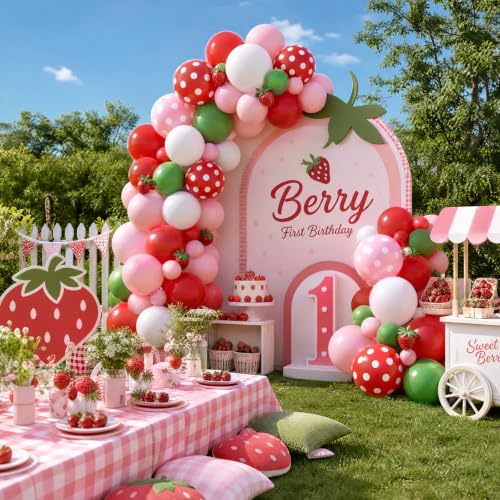 Image of TONIFUL 100 Pack Red Pink Green Polka Dot Latex Balloons - Strawberry Garden Theme Balloon for Birthday Spring Baby Shower Wedding Bachelorette Sweet 16 Party Decorations