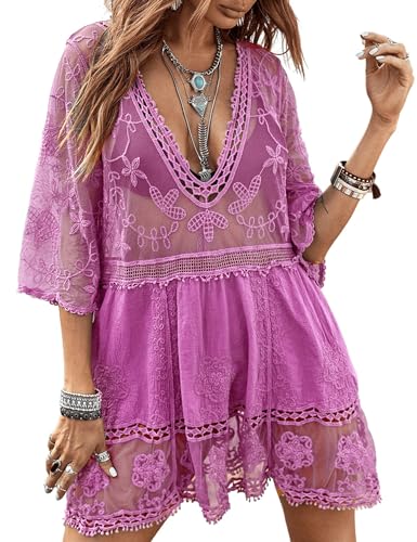 Image of Eomenie Women's Contrast Lace Bathing Suit Cover Up V-Neck Swimsuit Coverups Loose Swimwear Beach Dress Beachwear