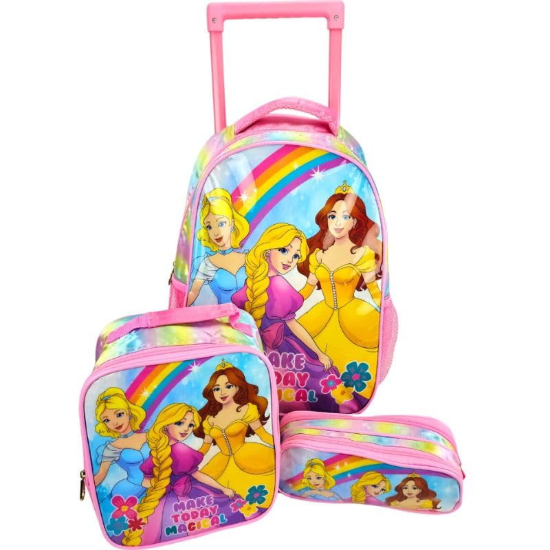 Kit Mochila Escolar de Rodinhas Lancheira Estojo Make Castelo e Princesas e Magia Rosa KT41460 Seanite