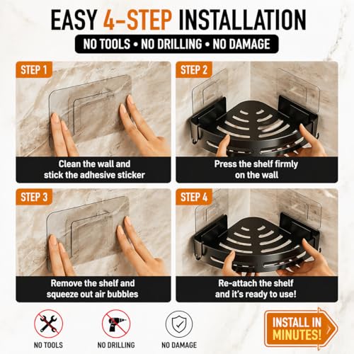 Image of Self Adhesive Bathroom Shelf Organizer | No Drill Wall Mounted Shower Caddy | Waterproof ABS Plastic Storage Rack | Holds up to 10 Kg | Shampoo Soap Toiletries Holder | Pack of 2