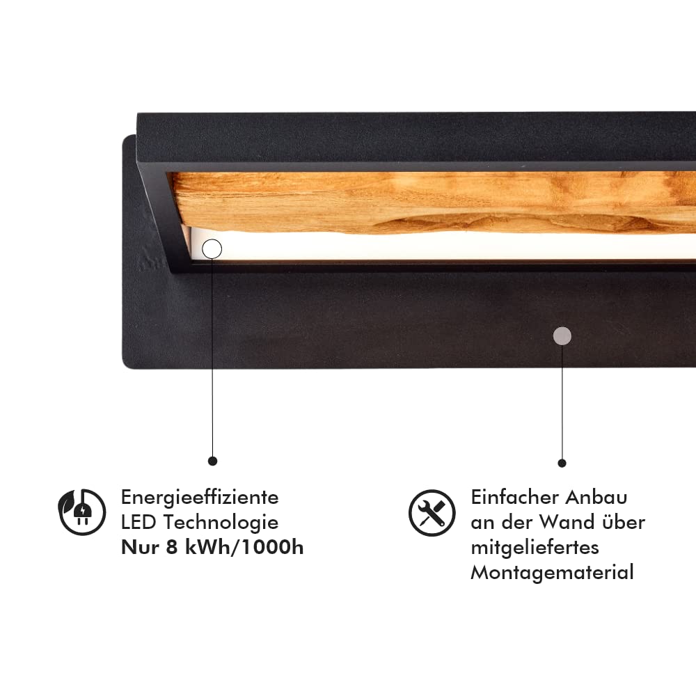 Brilliant LED Wandleuchte Holz 35cm schwarz/holz, Aluminium/Metall/Holz, LED Wandlampe Innen Holz, Schlafzimmer Deko, Holzlampe Wandlampe, Lampe Schlafzimmer 1x LED integriert 9,5 W