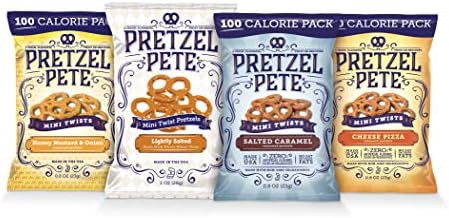 Pretzel Pete Variety (Honey Mustard & Onion, Salted Caramel, Cheese Pizza, Lightly Salted) Mini Twist Pretzels, Non-GMO, Small Batch, Bold Flavor (24 Pack)