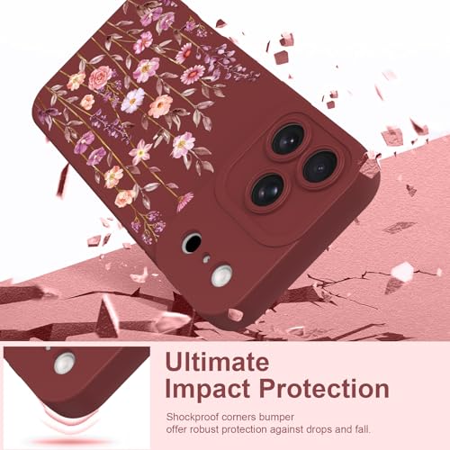 Image of Designed for iPhone 17 Pro Case Flower for Women, Wine Red | Cute Floral Pattern Liquid Silicone Phone Case [Full Camera Protection] Slim Soft TPU Protective Cover