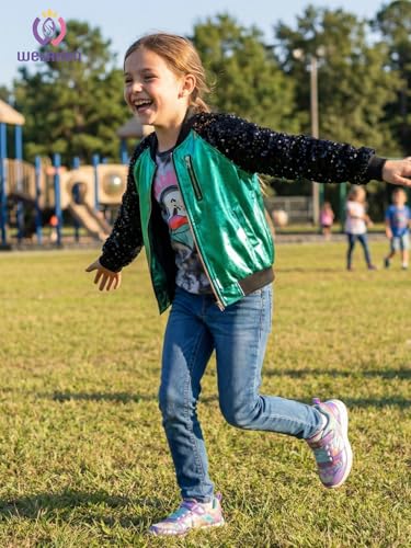 Image of WELAKEN Girls Sequin Sparkle Zip Bomber Jacket | Sequin sleeves, shiny bomber style, ribbed trim, smooth zipper and side pockets for party, dance, school and photos
