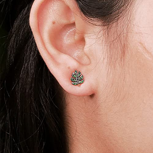 Shweta Creations 14K Yellow Gold Leaf Design Green Tsavorite Birthstone Stud Earrings For Women - Natural Tsavorite Gemstone 0.16 Carats Fine Earring Jewelry For Girls #TOP2