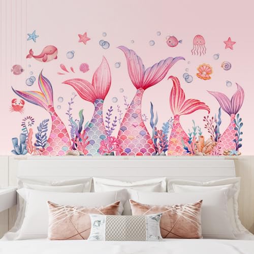 MLM Mermaid Tail Wall Stickers Under The Sea Fish Pink Wall Decals Peel and Stick Wall Art Decor for Kids Bathroom Bedroom Nursery Girls Decoration